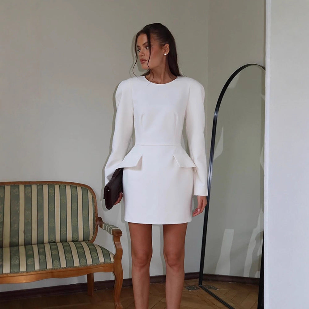 Women Tailored Minidress with Structured Shoulders, Long Sleeves and Suggested Peplum EVA-US