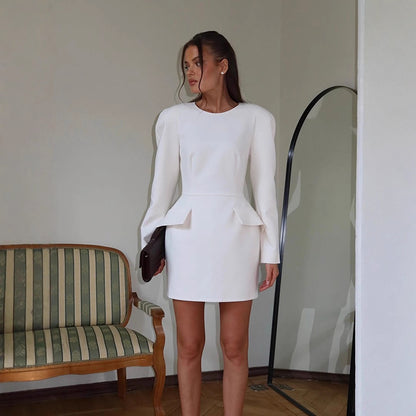 Women Tailored Minidress with Structured Shoulders, Long Sleeves and Suggested Peplum EVA-US