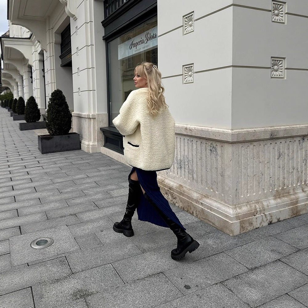 Women Boxy Teddy-Fleece Jacket with Toggle Fastenings and Contrast Edges EVA-US