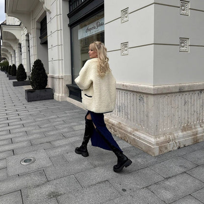 Women Boxy Teddy-Fleece Jacket with Toggle Fastenings and Contrast Edges EVA-US