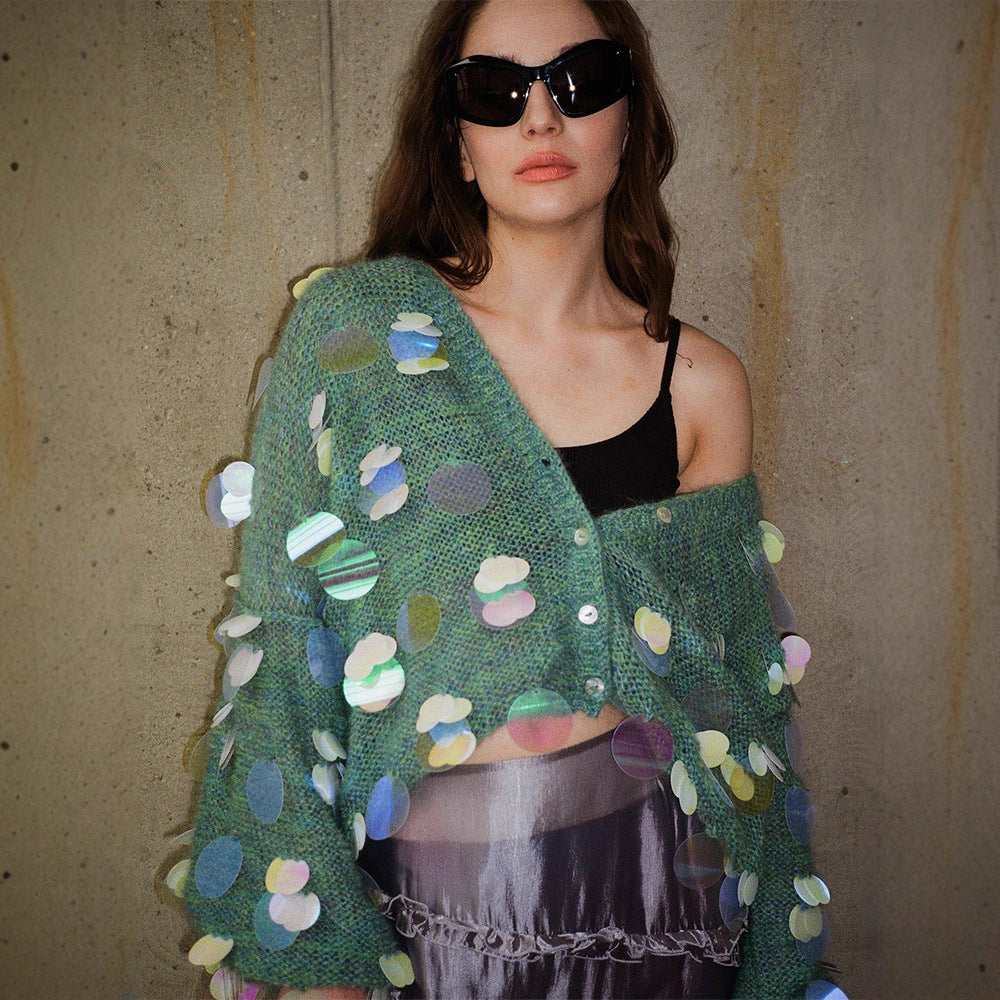 Women's Chunky Knit Mohair Cardigan with Oversized Sequins and Boxy Silhouette EVA-US
