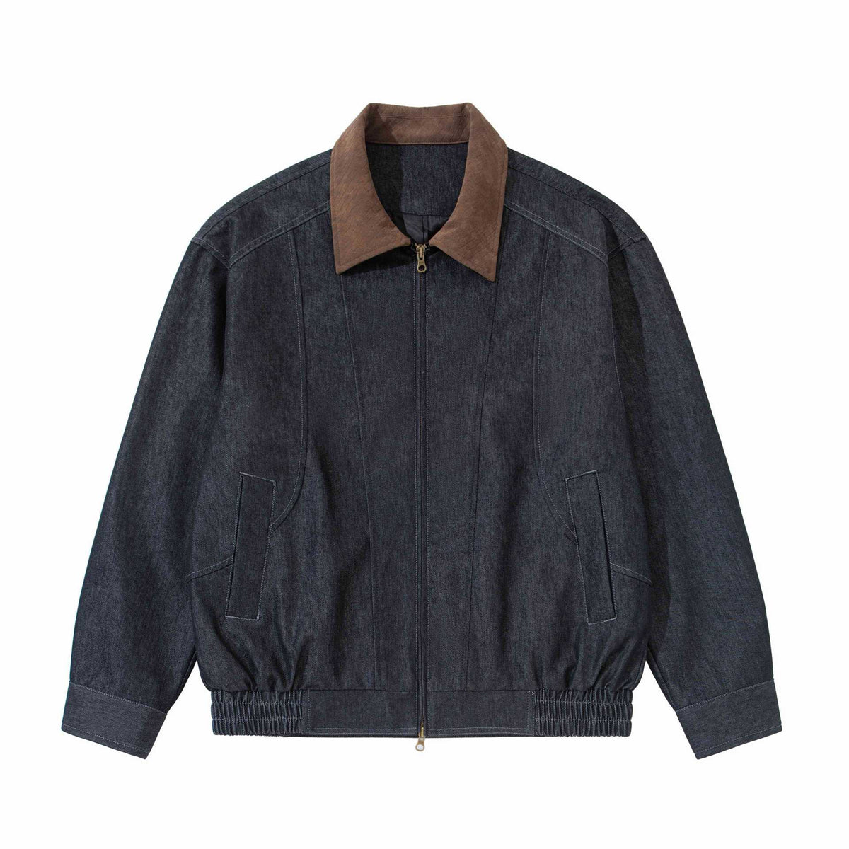 Men's Boxy Denim Blouson Jacket with Suede Collar and Elastic Hem EVA-US