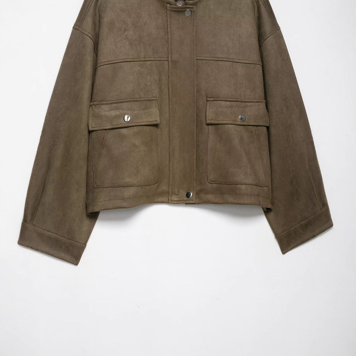 Women’s short jacket made of velour imitation with high funnel collar and flap pockets EVA-US
