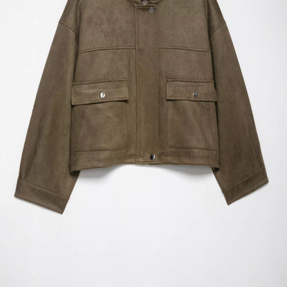 Women’s short jacket made of velour imitation with high funnel collar and flap pockets EVA-US