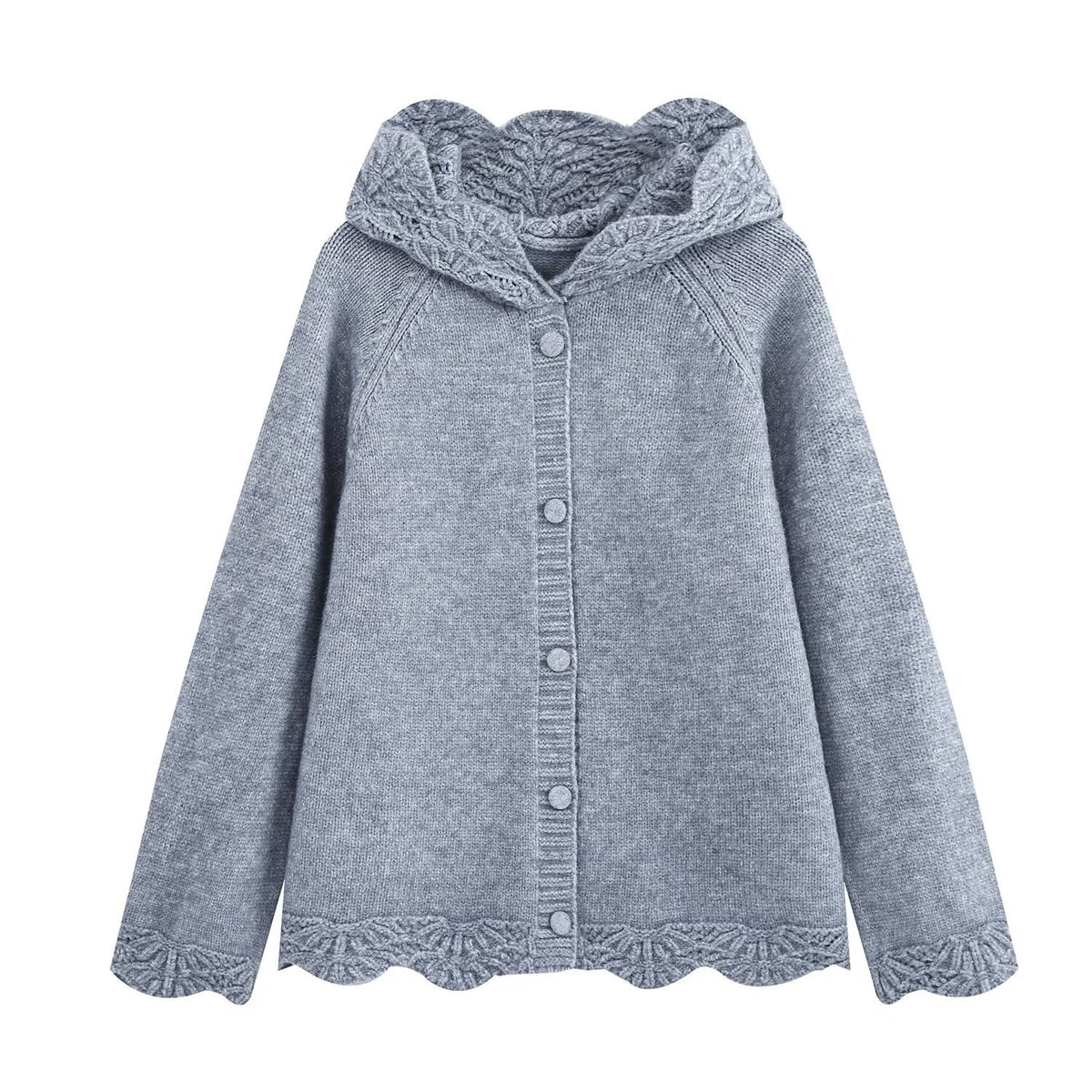 Women's fine knit cardigan with hood, button placket and crocheted trim EVA-US
