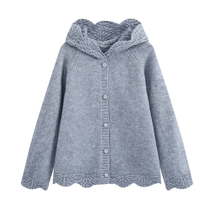 Women's fine knit cardigan with hood, button placket and crocheted trim EVA-US