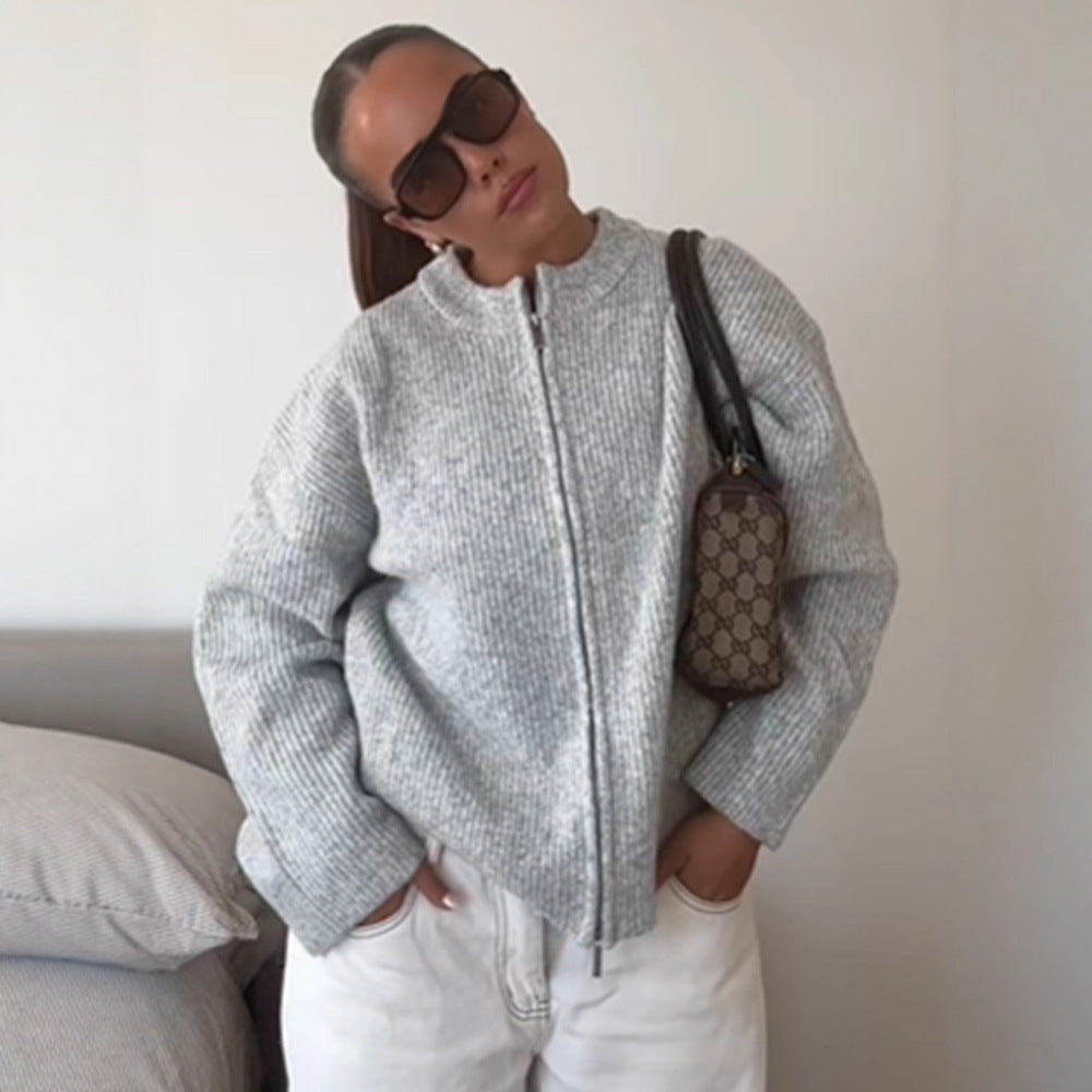 Women Chunky Knit Zipper Cardigan with Oversized Cut EVA-US