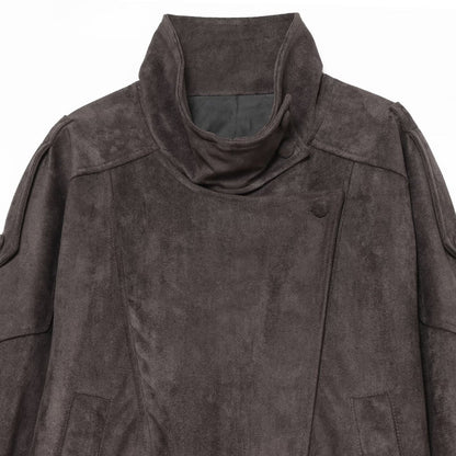 Women's Oversized Suede Look Bomber Jacket with High Stand-Up Collar, Shoulder Tabs, and Elastic Hem