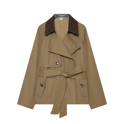 Women Short Trench Coat with Waist Belt and Contrast Collar EVA-US