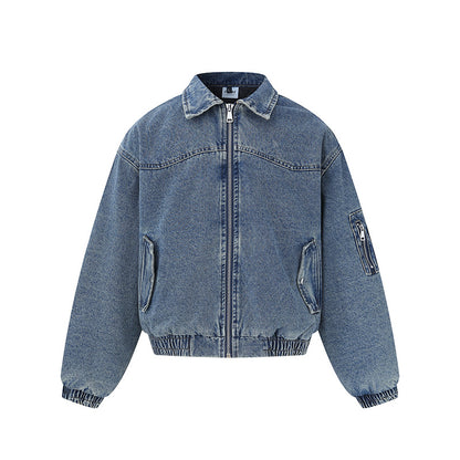 Unisex Boxy Denim Jacket with Full Zip, Elastic Hem and Sleeve Utility Pocket EVA-US
