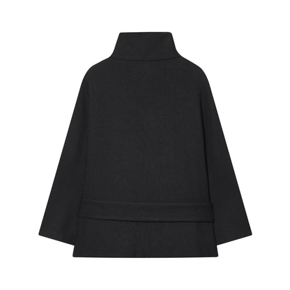 Ladies Cape Coat with Stand Collar, Tie Belt and Decorative Decorative Buttons EVA-US