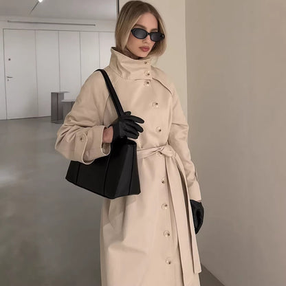 Women's Maxi Length Trench Coat with High Stand-Up Collar, Double-Breasted Button Placket and Tie Belt EVA-US