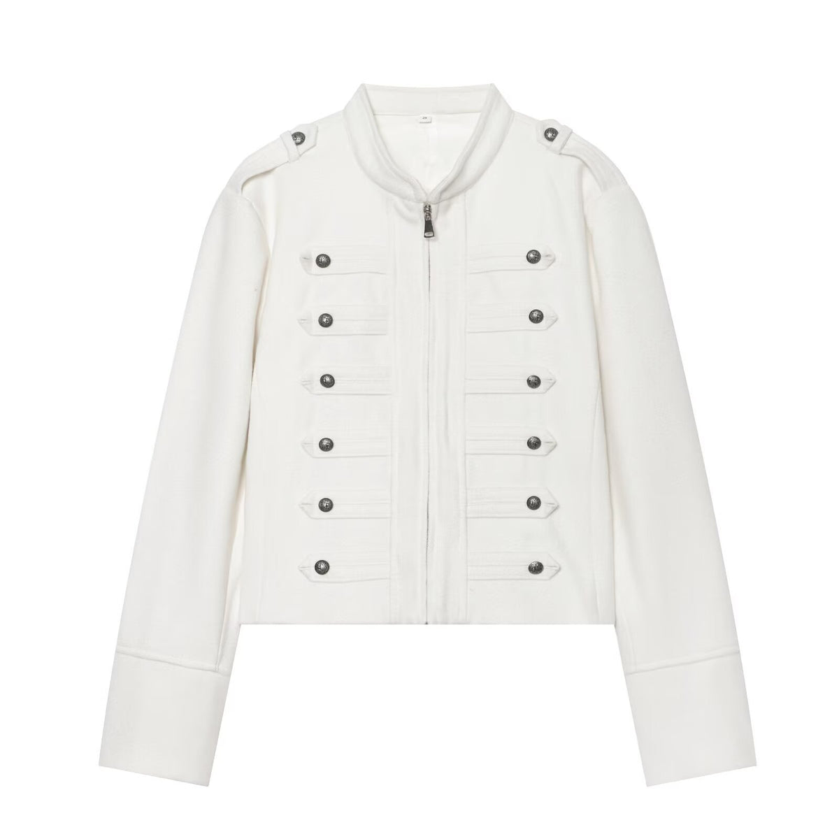 Women's Short Jacket Military-inspired Wool Blend Cropped Jacket with Stand Collar, Epaulettes and Decorative Button Placket EVA-US