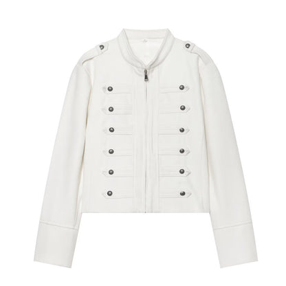 Women's Short Jacket Military-inspired Wool Blend Cropped Jacket with Stand Collar, Epaulettes and Decorative Button Placket EVA-US