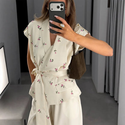 Women's Sleeveless Wrap Top with Tailored Tie Belt and Patch Pockets EVA-US
