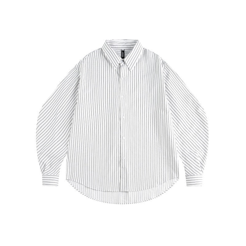 Women Oversize Shirt Blouse with fine pinstripe, balloon sleeves, and rounded hem