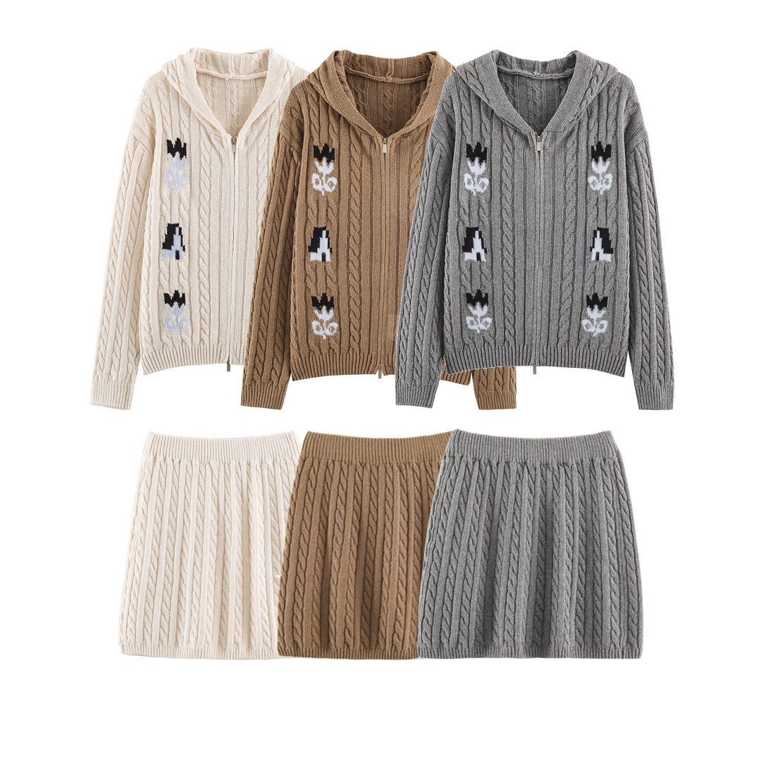 Women's Two-Piece Knit Set with Zipper Hoodie and Short Cable Knit Skirt EVA-US