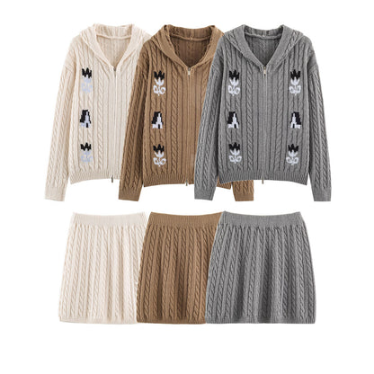 Women's Two-Piece Knit Set with Zipper Hoodie and Short Cable Knit Skirt EVA-US