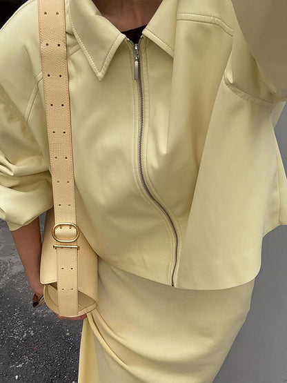 Women's Tailored Zip Blouson Set with Shirt Collar and Midi Skirt EVA-US