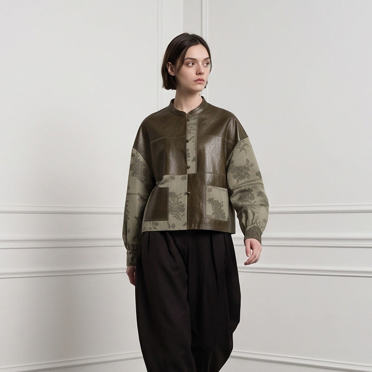 Women's short jacket in leather look and jacquard with stand-up collar EVA-US