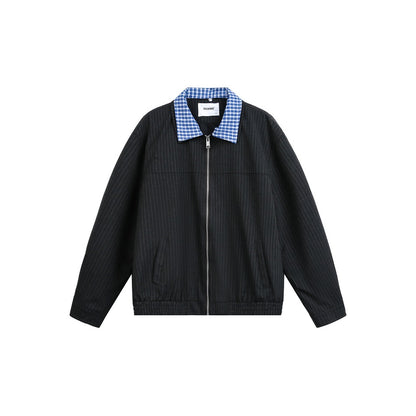Unisex Short Cut Pinstripe Blouson Jacket with Contrasting Shirt Collar and Full Zipper EVA-US