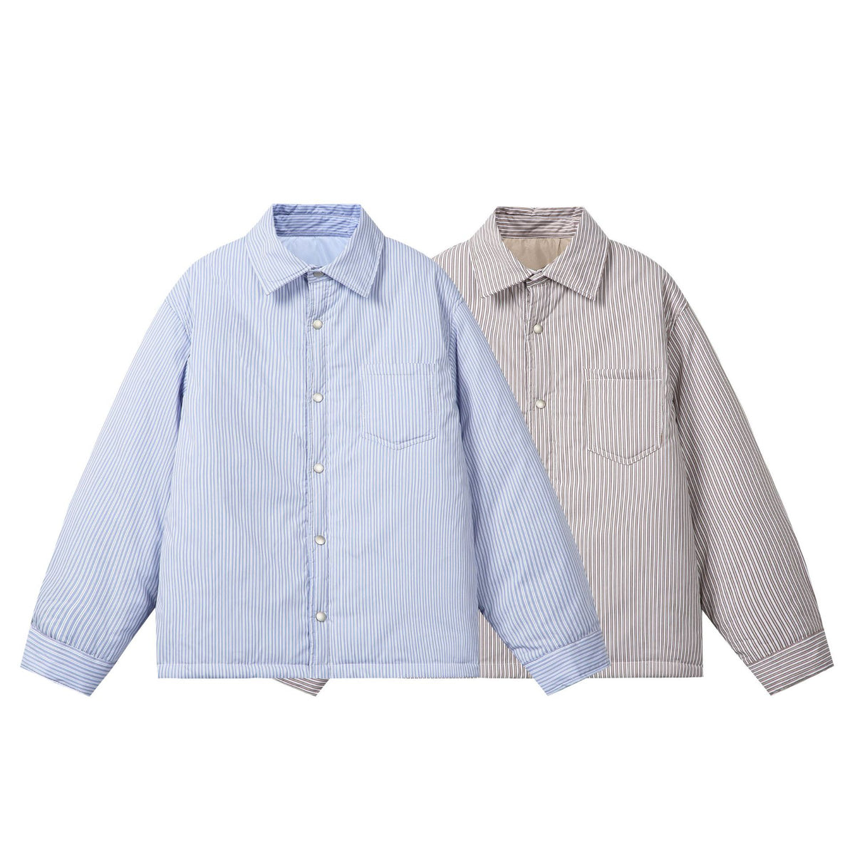 Unisex Striped Boxy Shirt Jacket with Snap Button Placket and Chest Pocket EVA-US