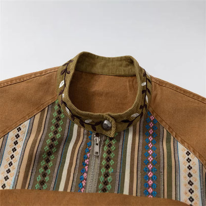 Women's Short Canvas Blouson with Woven Ethno Striped Front and Flap Pockets EVA-US