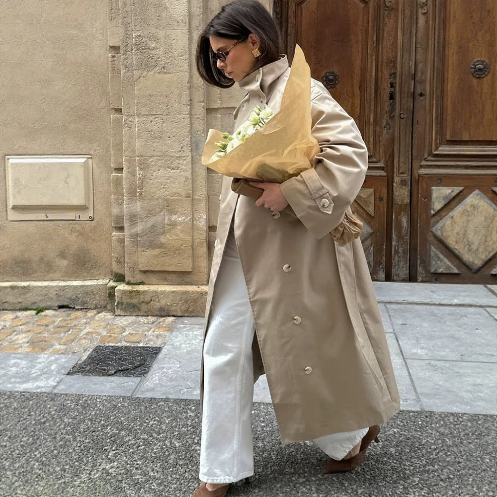 Women’s Maxi Trench Coat with high stand collar, double-breasted button placket & waist belt EVA-US