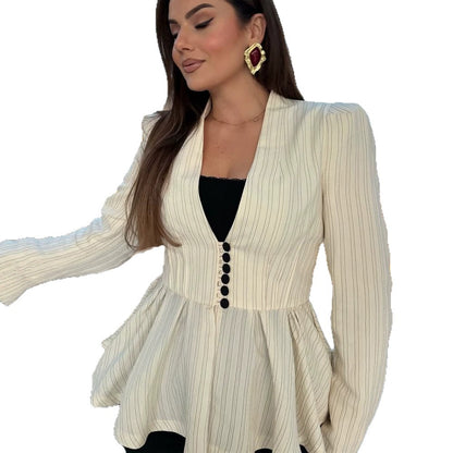 Women's Tailored Peplum Blazer with V-Neck and Decorative Button Placket EVA-US