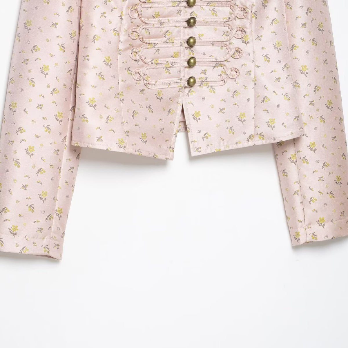 Women Cropped Satin Military Jacket with Stand-Up Collar and Decorative Frog Closure EVA-US