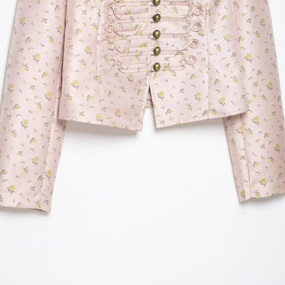 Women Cropped Satin Military Jacket with Stand-Up Collar and Decorative Frog Closure EVA-US