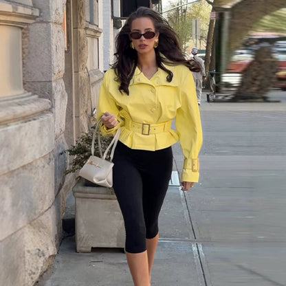 Women's short jacket with waist belt, high stand-up collar, and decorative cuffs EVA-US