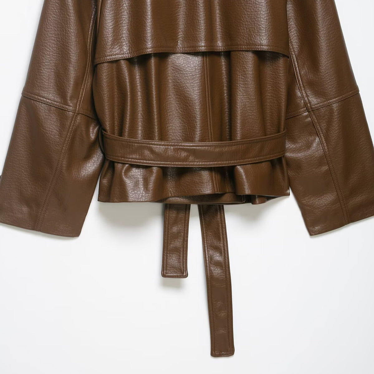 Women's Short Trench Cape made of Faux Leather with Ties and Shoulder Patches EVA-US