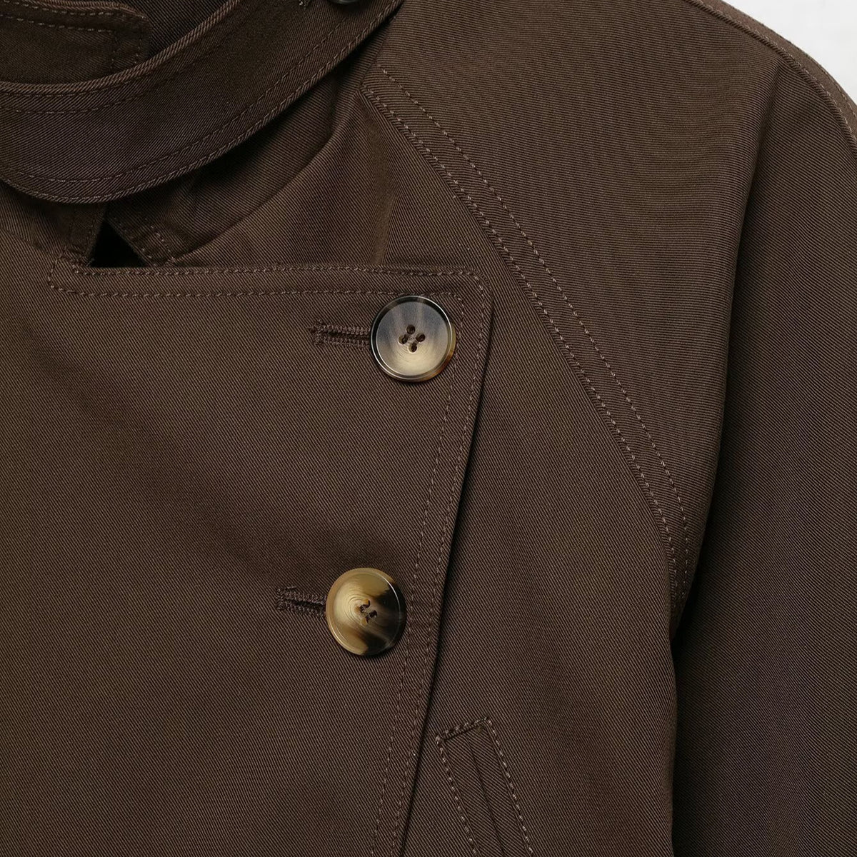 Women's short trench coat with high stand-up collar, tie belt, and asymmetrical button placket EVA-US