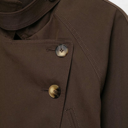 Women's short trench coat with high stand-up collar, tie belt, and asymmetrical button placket EVA-US