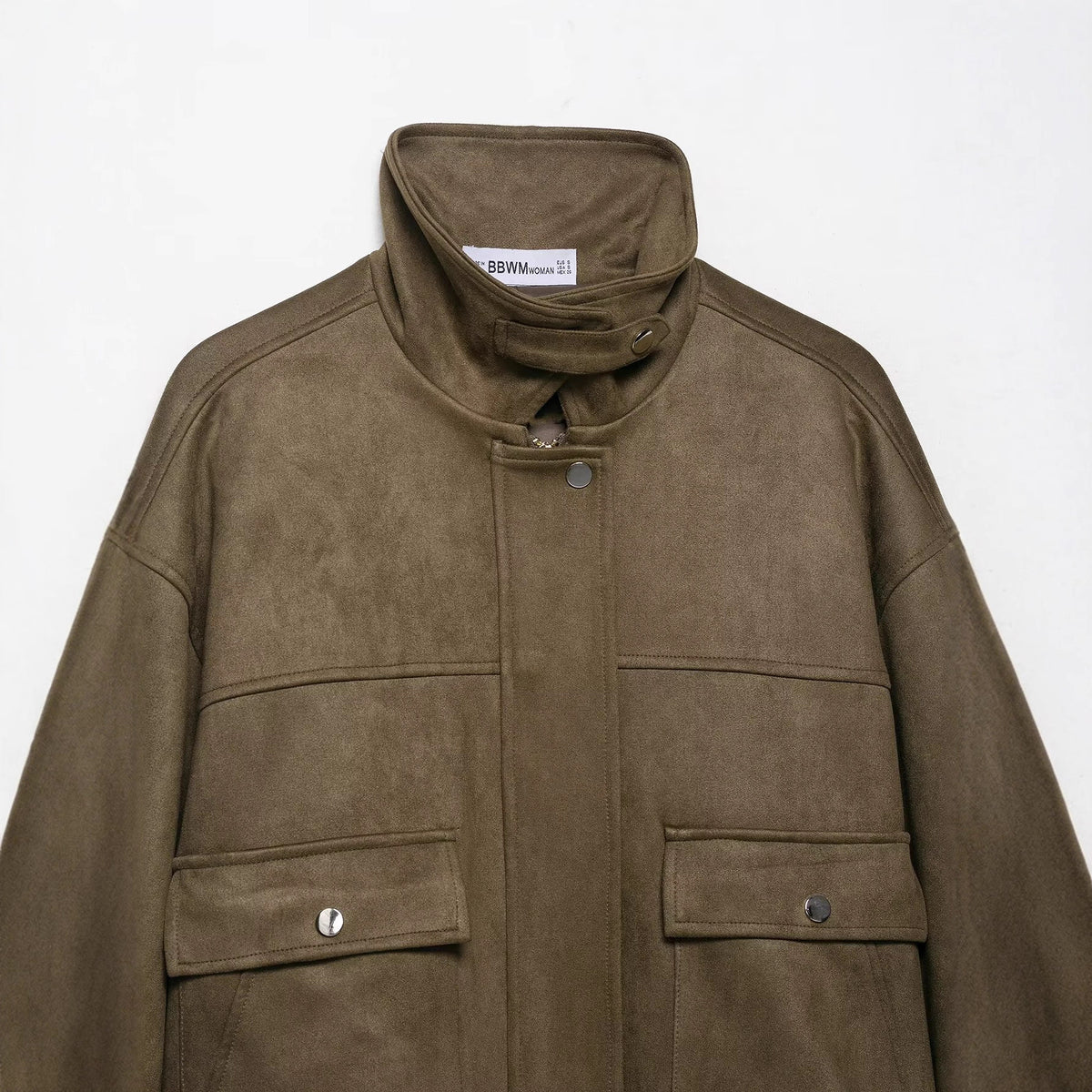 Women’s short jacket made of velour imitation with high funnel collar and flap pockets EVA-US