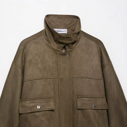 Women’s short jacket made of velour imitation with high funnel collar and flap pockets EVA-US