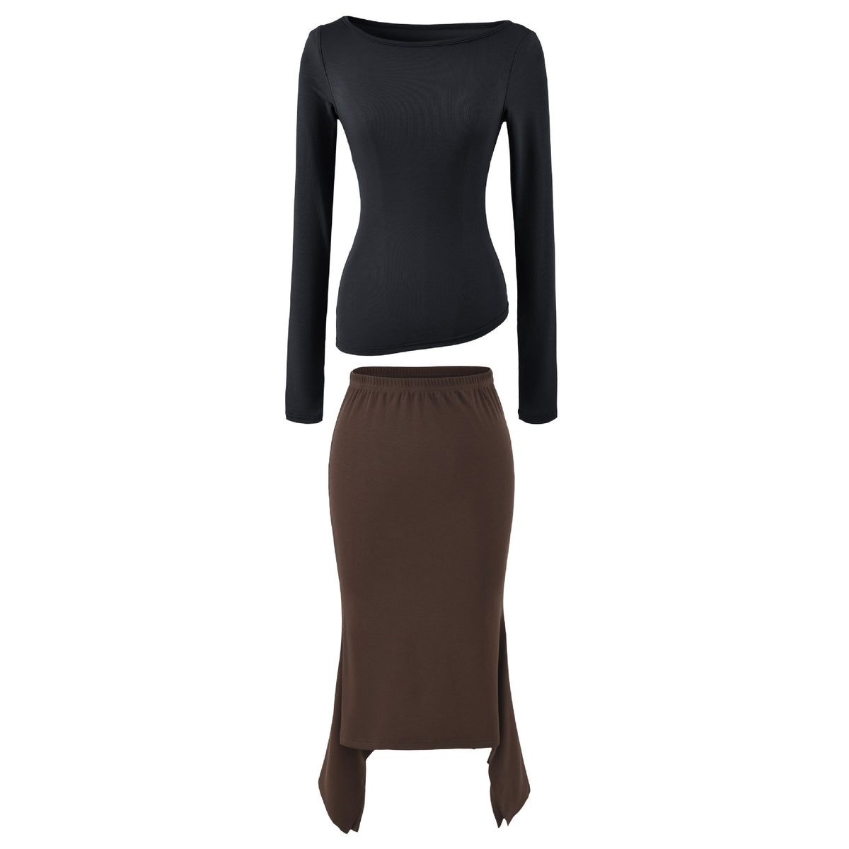 Women's Two-Piece Set with Fitted Long Sleeve Top and Maxi Skirt with Slit EVA-US
