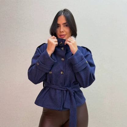 Women Short Double-Breasted Coat with Stand Collar and Tied Belt EVA-US