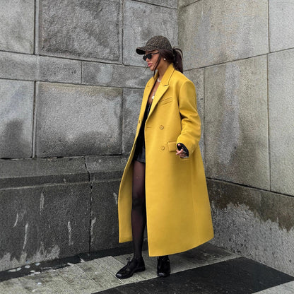Women Oversized Wool Coat with Lapel Collar and Patch Pockets EVA-US