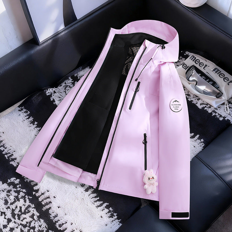 Women Lightweight Waterproof Hooded Jacket with Teddy Charm and Concealed Zipper Pockets EVA-US