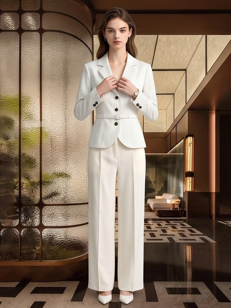 Women Tailored Pinstripe Blazer and Palazzo Pants Set EVA-US