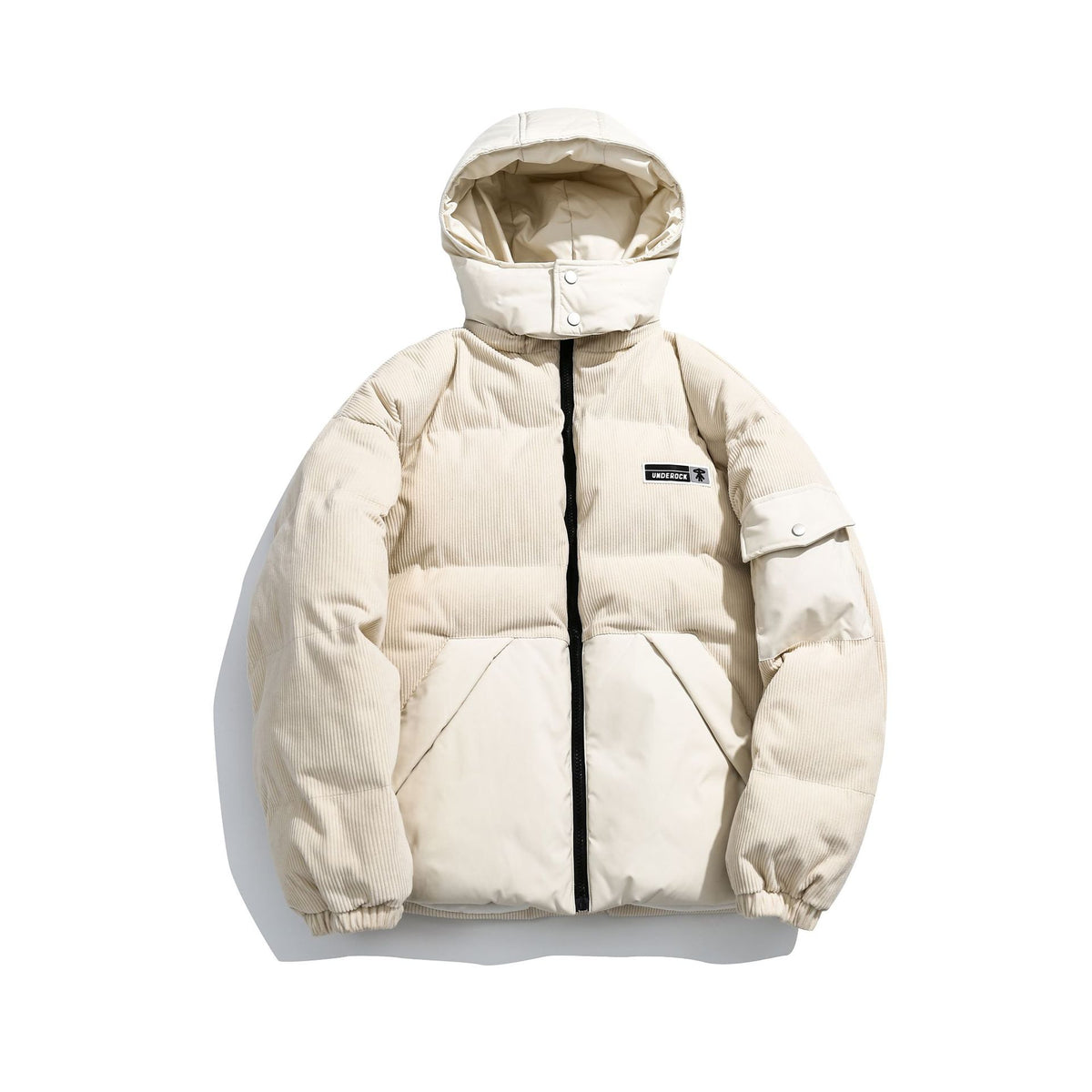 Women's cord quilted puffer jacket with hood and utility arm pocket EVA-US