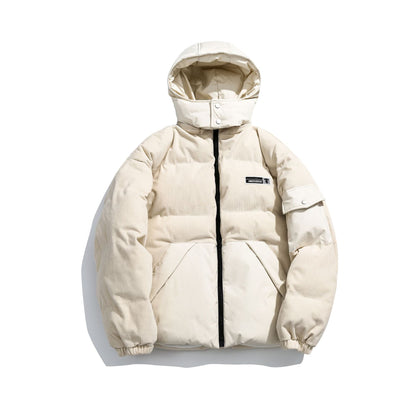 Women's cord quilted puffer jacket with hood and utility arm pocket EVA-US