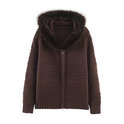 Women's chunky knit cardigan with zipper and faux fur hood EVA-US