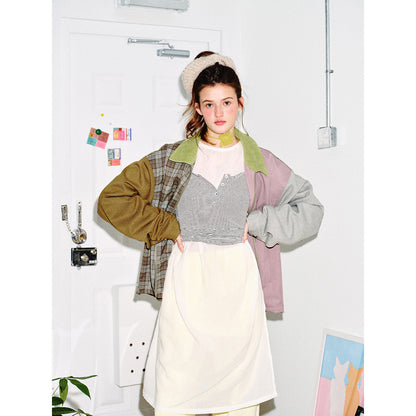 Women's Patchwork Blouson Jacket in Boxy Cut with Cord Collar EVA-US