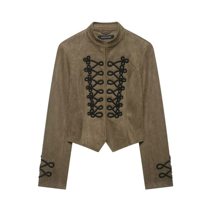 Women's Cropped Velvet Jacket with Military Decorative Cord and Tailored Cut EVA-US