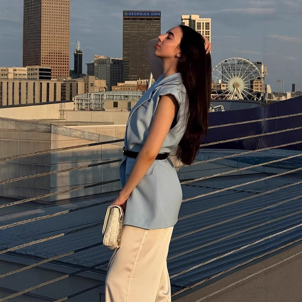 Women Sleeveless Long Blazer Vest with Emphasized Shoulder and Waist Shape EVA-US