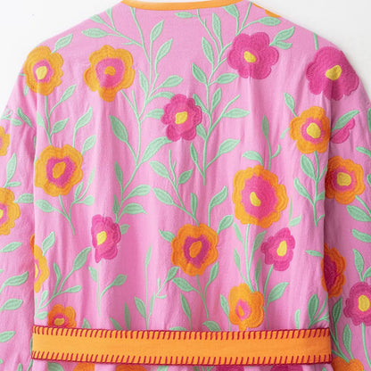 Women's Embroidered Kimono Jacket with Waist Tie Belt and Floral Embroidery EVA-US