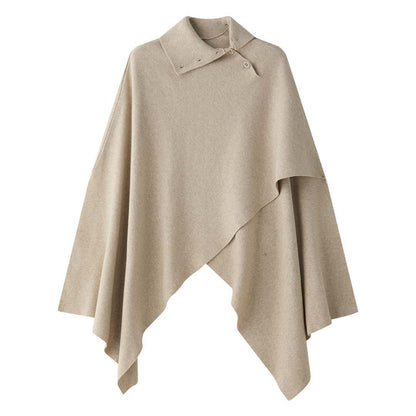Women's Asymmetrical Knit Poncho with Button Collar and Oversized Silhouette EVA-US